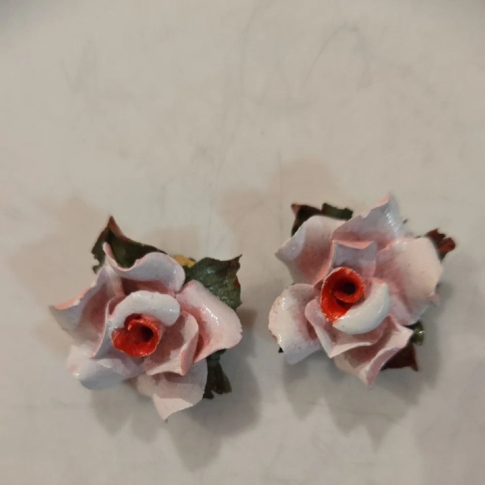 Vintage Rosette Clip Pink and Red Rose Earrings, Garden Party, Hamptons Chic - Picture 7 of 10